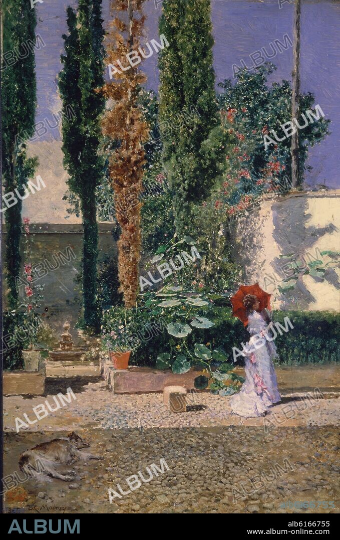 MARIANO FORTUNY Y MADRAZO (1871-1949). Mariano Fortuny Marsal; Raimundo de Madrazo y Garreta / 'Jardín de la casa de Fortuny', Hacia 1872, Escuela Española, Óleo sobre Tabla, 40 cm x 28 cm, P02613.