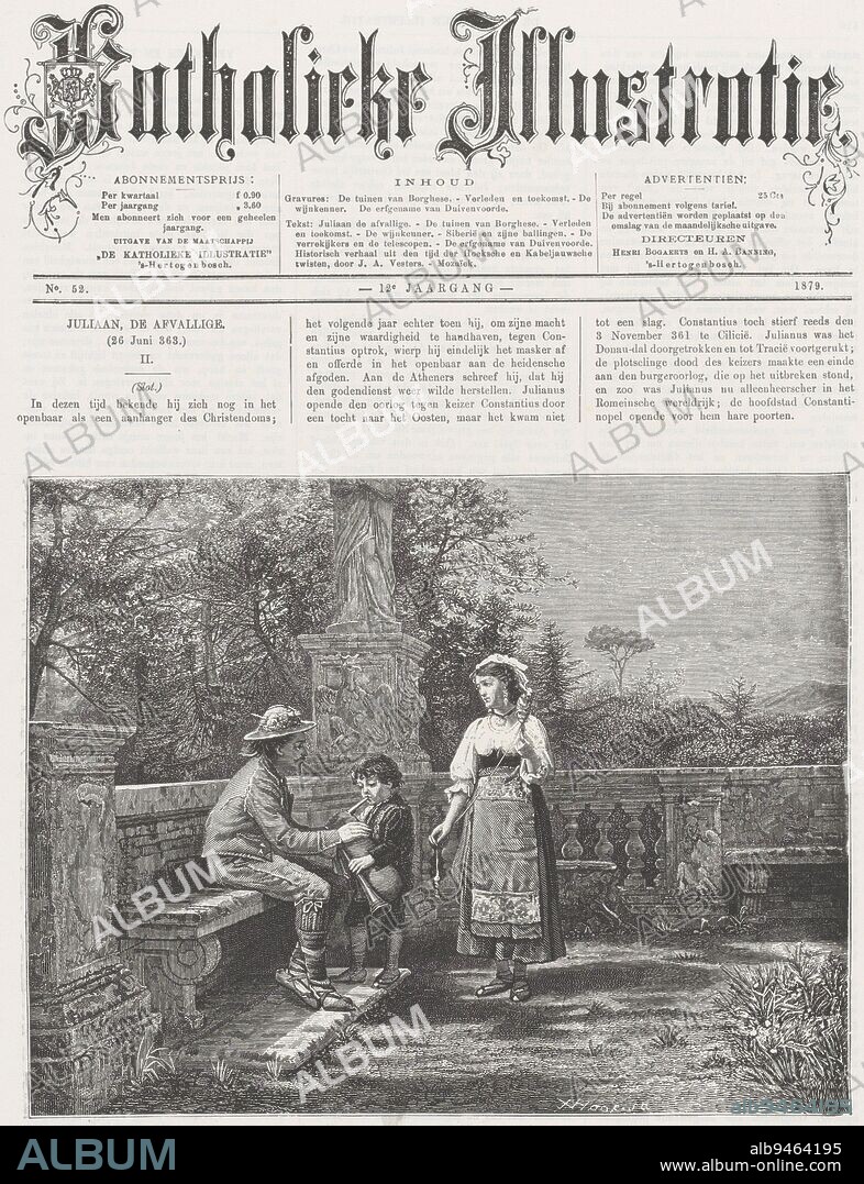 A man with a hat sits on a bench and teaches a boy to play a wind instrument. Next to it is a girl with a spintol. In the background is a statue on an ornamented balustrade, The Gardens of Borghese., print maker: Josephus Franciscus van Hoof, (mentioned on object), after: George Goodwin Kilburne, (mentioned on object), Netherlands, 1879, paper, letterpress printing, h 367 mm × w 259 mm.