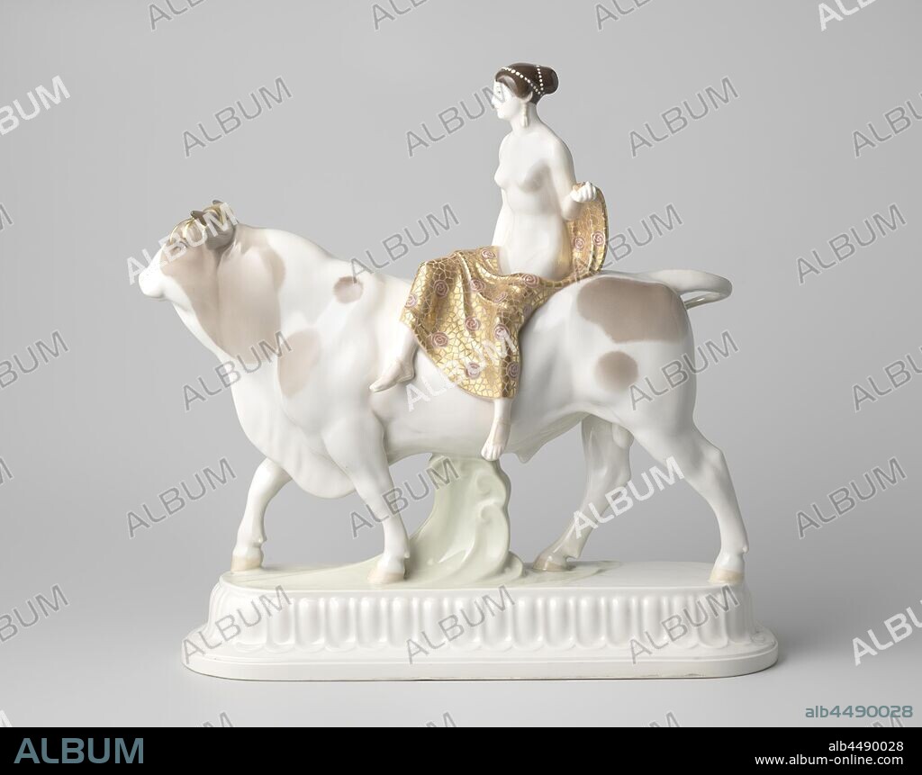Figure of a woman riding a bull, Image of porcelain on an oval foot in the shape of a woman (the bride) sitting on the back of a bull. Painted in underglaze pink, green, brown, black and on the enamel gold. The bride is wrapped in a dress with roses. A golden decoration is attached to the bull's horns. The base is decorated with a band of molded boxes. Marked on the bottom with the scepter, the numbers 140/939 and 69 in gold, the red and blue apple with K.P.M, the year letters C.I (1909, design 1905) [reverse J?] And the model number 93664. Art Nouveau., Königliche Porzellan Manufaktur, Berlin, 1909, porcelain (material), glaze, gold (metal), uranium oxide, vitrification, h 40 cm w 40.2 cm × d 13.5 cm w 4000 gr.