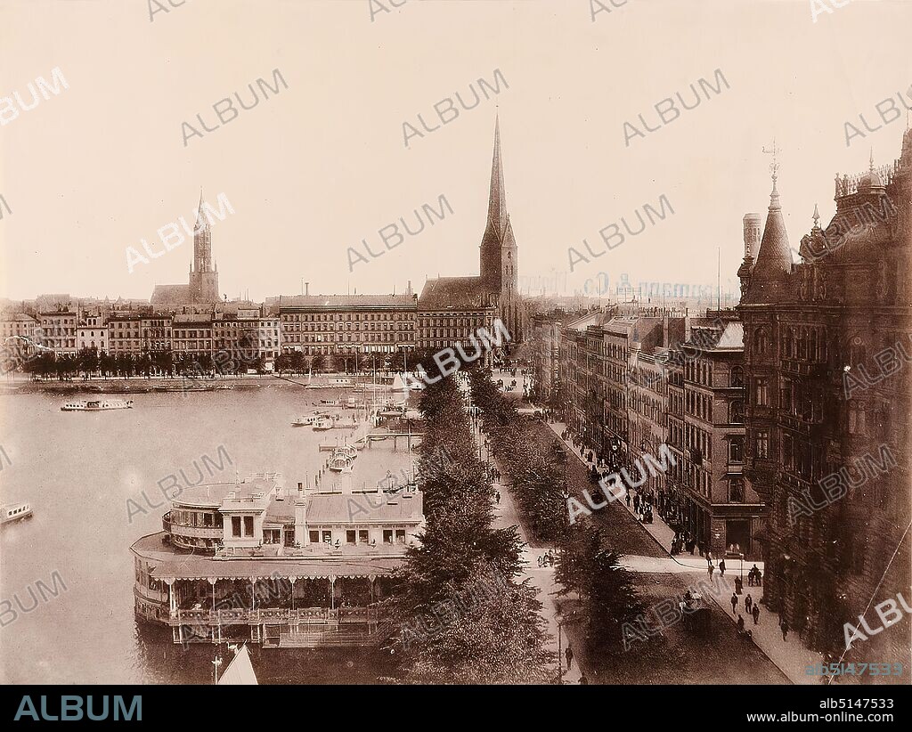 G. Koppmann & Co, Georg Koppmann, Hamburg, Jungfernstieg, Staatliche Landesbildstelle Hamburg, collection on the history of photography, paper, collotype, image size: height: 16.3 cm; width: 21.6 cm, Koppmann & Co, Photographs, Hamburg, Gänsemarkt 4 Nach dem Jungfernstieg, 4th house v. Streits Hôtel, publisher and sale of Hbg. views, in largest number, architectural photography, city, city view (veduta), hist. building, locality, street, water.