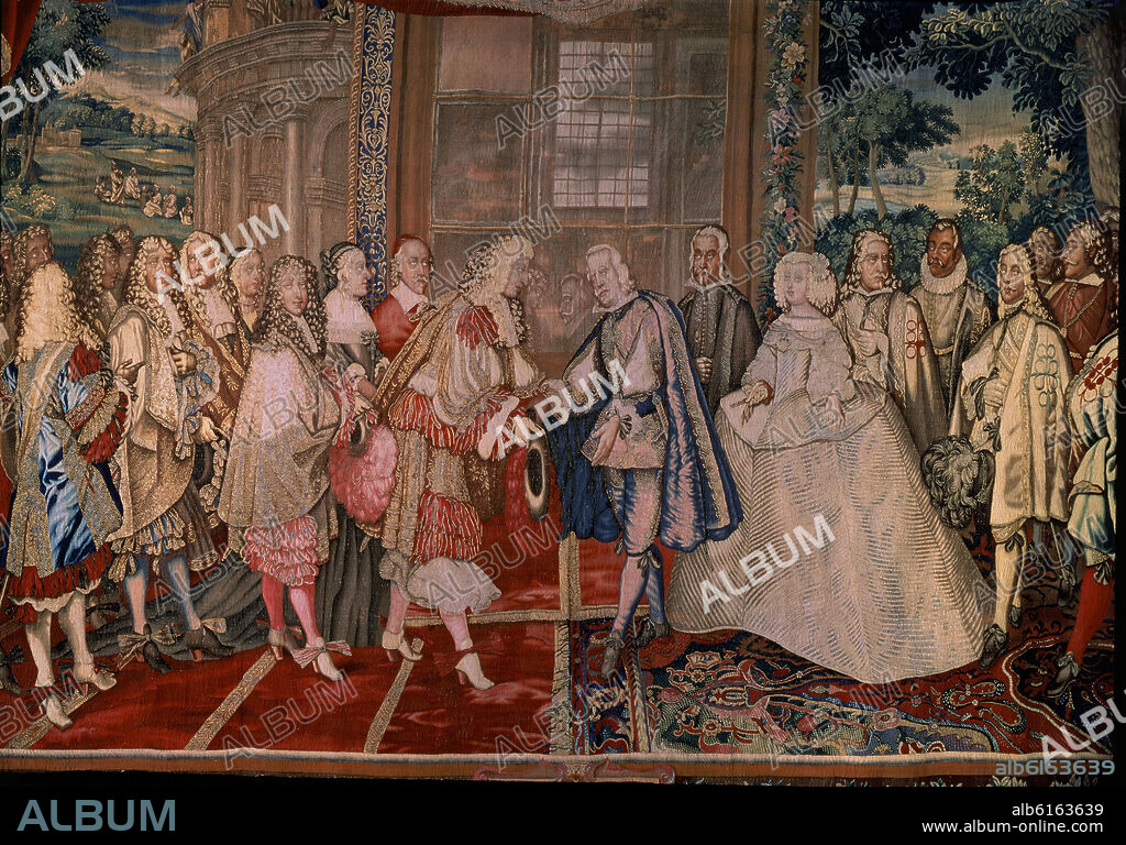 CHARLES LE BRUN (1619-1690). PAZ DE LOS PIRINEOS - ENCUENTRO DE FELIPE IV Y LUIS XIV EN ISLA DE LOS FAISANES - TAPIZ DE GOBELINOS - SIGLO XVII.