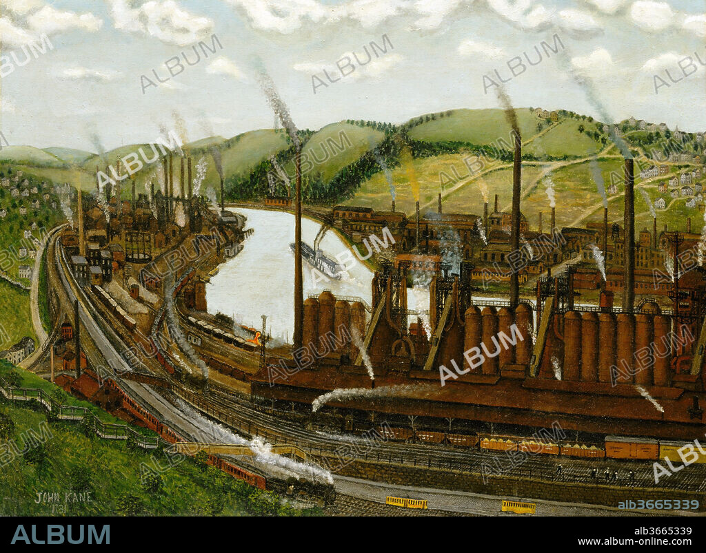 The Monongahela River Valley, Pennsylvania. Artist: John Kane (America, West Calder, Scotland 1860-1934 Pittsburg, Pennsylvania). Dimensions: 28 x 38 in. (71.1 x 96.5 cm). Date: 1931.
John  Kane was born of Irish parentage in West Calder, Scotland.  At the age of nineteen he came to America, eventually taking up residence in Pittsburgh, Pennsylvania, a city famous for its steel refineries.  About 1897, while working as a laborer, Kane began to dabble in painting.  Since he could not afford the expense of art school, Kane was self-taught, and his style has been variously classified as "naïve," "primitive," and "folk art," a genre that gained critical acceptance in the 1920s and 1930s.
<p>	
"The Monongahela River Valley, Pennsylvania" is one of several paintings by Kane that celebrate the ever-growing industrialization of the American landscape during the 1930s.  He was intimately acquainted with Pittsburgh's heavy industries, having worked for both the steel industry and the railroad. Despite the loss of part of a leg in a railroad-related accident, his enthusiasm for Pittsburgh's industry and landscape was never extinguished.  The scene represented by the painting fairly hums with activity.  Four railroad trains, one clearly marked with the name of the local rail line, Baltimore and Ohio, pass swiftly along an intricate maze of tracks, while nearby trolley cars and boxcars wait for clear passage.  Echoing this movement is a large paddle-wheel steamboat pushing a barge upriver.  On either side of the meandering river, the dark buildings of the steel mills spread across the landscape, their billowing smokestacks lending vertical accents to the horizontal composition.
</p><p>	
Although Kane is known for his portraits of both himself and others, people play a subordinate role in this particular landscape.  Here a railroad crew is dwarfed by the enormous buildings and vast network of tracks.  Only the serene rural landscape, seen in the background, competes with the industrial foreground for the viewer's attention.  Kane treats these divergent landscapes with equal admiration, finding beauty in both.
  </p>.
