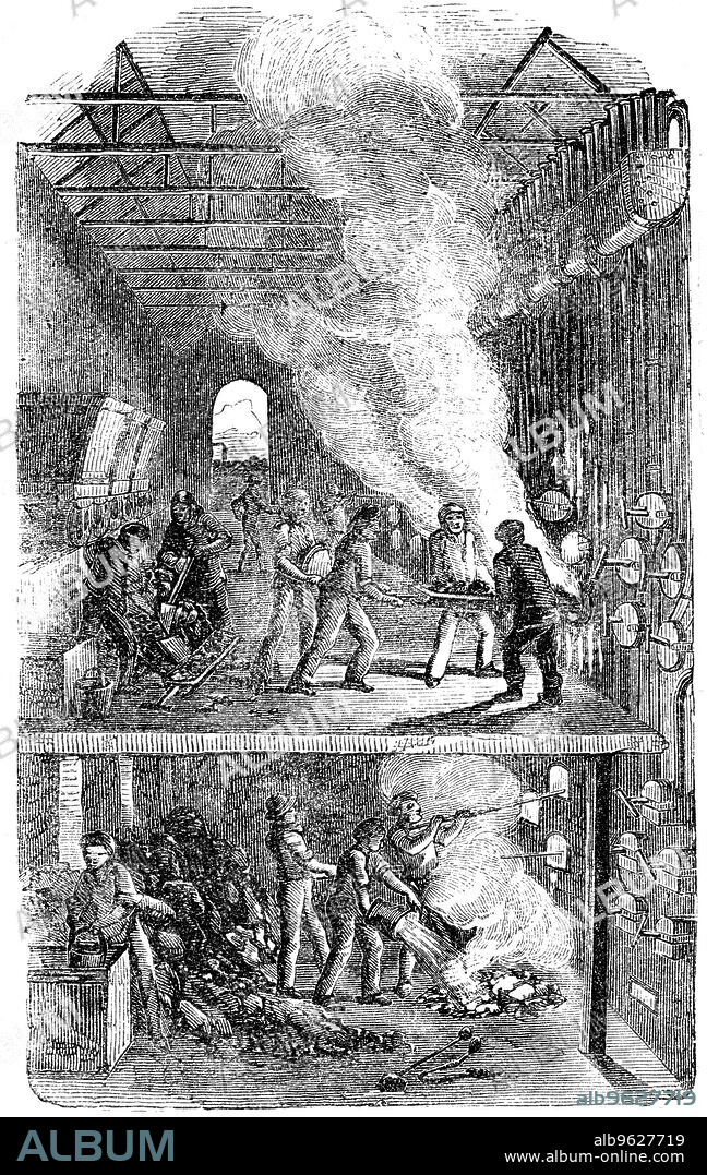 Retort House, Great Central Gas Works, Bow Common, London. It was here that Croll introduced the burning of incandescent coke as fuel immediately as it had been taken from retorts, saving10%. Wood engraving.