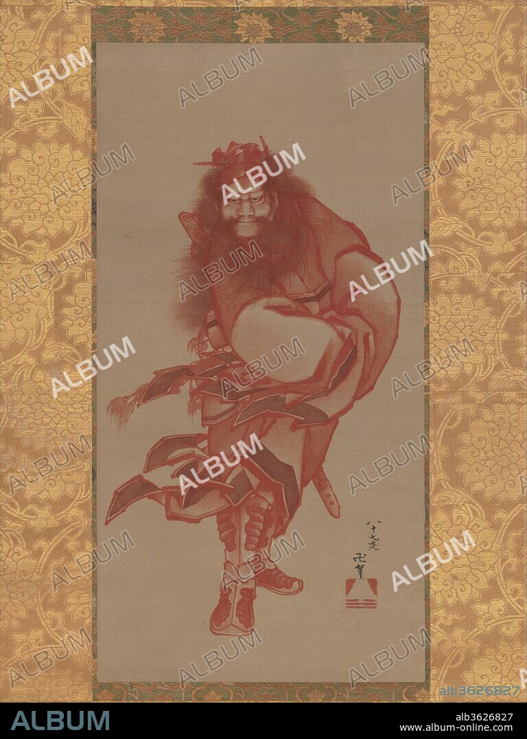 Red Shoki, the Demon Queller. Artist: Katsushika Hokusai (Japanese, Tokyo (Edo) 1760-1849 Tokyo (Edo)). Culture: Japan. Dimensions: Image: 23 1/4 × 11 7/8 in. (59.1 × 30.2 cm)
Overall with mounting: 61 × 19 1/2 in. (154.9 × 49.6 cm)
Overall with knobs: 61 × 21 5/16 in. (154.9 × 54.1 cm). Date: dated 1847.
Shoki (Chinese: Zhong Kui) was a scholar of early seventh-century China who committed suicide after being cheated out of the first rank in civil service examinations, yet who was buried with honors after the emperor heard the tragic tale. To show his gratitude, Shoki appeared as an exorcist in a dream of a subsequent Chinese emperor and vowed to quell demons and banish disease.
In Japan, auspicious images of Shoki were displayed for the Boys' Day Festival, celebrated on the fifth day of the fifth month. Here, the artist Katsushika Hokusai, aged eighty-seven, painted with red pigment, as that color was thought to have magical efficacy in warding off smallpox. In fact, there was a smallpox epidemic in Edo in 1847.