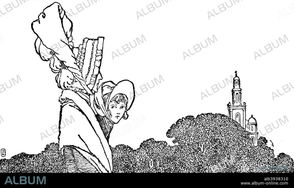 'Karen and the Old Lady Walked to Church', c1930. An illustration from 'The Red Shoes' by Hans Christian Andersen. From Hans Andersen's Fairy Tales by Hans Andersen. [Hodder and Stoughton Limited for Boots Pure Drug Co. Ltd, London, c1930].