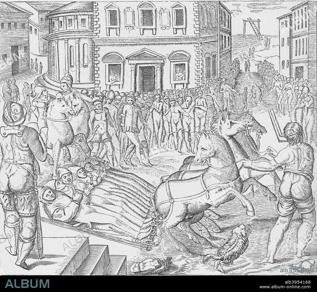 Execution of three Carthusian martyrs, Tyburn, London, 1535 (1904). On 19 June 1535, three monks of the London Charterhouse were executed at Tyburn. Sebastian Newdigate, William Exmew and Humphrey Middlemore were hanged, drawn and quartered for refusing to accept King Henry VIII as the Supreme Head of the Church. From London in the Time of Tudors, by Sir Walter Besant. [Adam & Charles Black, London, 1904].