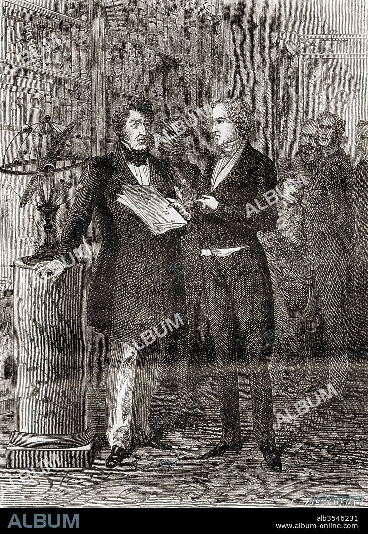 Urbain Jean Joseph Le Verrier, right, received by King Louis-Philippe, left, at The Tuileries, Paris, France, after his discovery of the planet Neptune in 1846. Urbain Jean Joseph Le Verrier, 1811 – 1877. French mathematician who specialized in celestial mechanics. From Les Merveilles de la Science, published c. 1870.