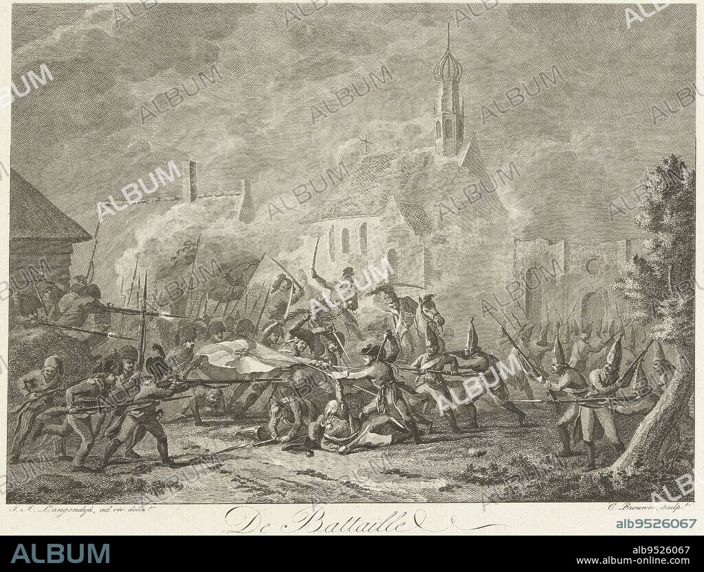 Battle of Bergen in the war against the Russians and English on September 19, 1799 The Bataille van Bergen den 19 September 1799 War against the Russians and English 1799 , print maker: Cornelis Brouwer, (mentioned on object), intermediary draughtsman: Jan Anthonie Langendijk Dzn, (mentioned on object), publisher: Johannes Groenewoud Jansz, (mentioned on object), Netherlands, 1799 - 1803, paper, etching, engraving, h 261 mm × w 343 mm.