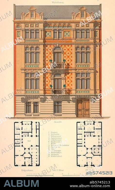 Architektur / Wohnhäuser. "Wohnhaus". (Aufriß und Grundrisse). Farblithographie nach Zeichnung von Hermann Bethke. Blatt 32 der Mappe: Praktische Wohnhäuser und Villen (...) entworfen und gezeichnet von Hermann Bethke, Stuttgart. (Konrad Wittwer) o. J. (um 1885). Berlin, Sammlung Archiv für Kunst und Geschichte.