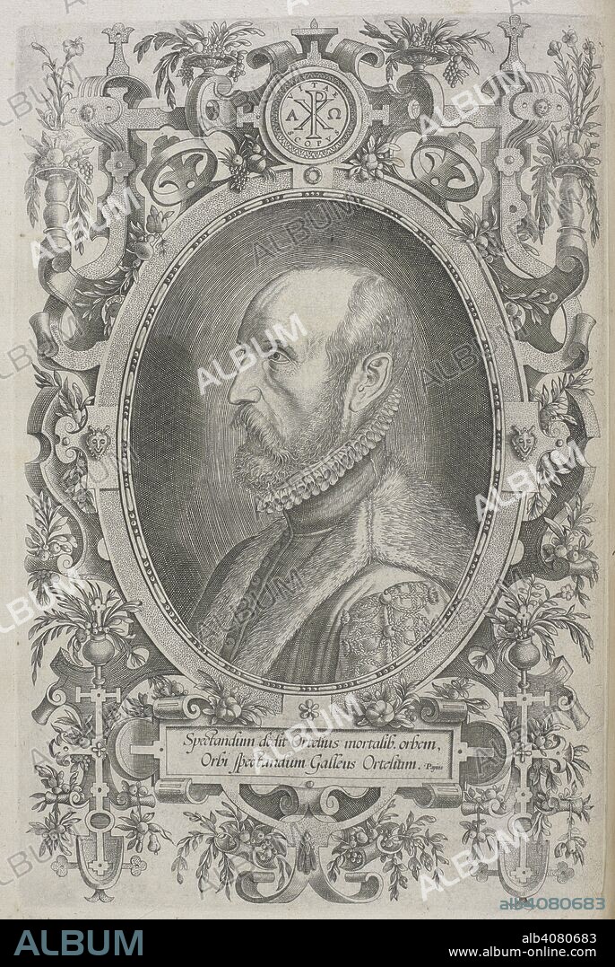 Abraham Ortelius (Ortels), (14 April 1527 â€“ 28 June 1598). A Flemish cartographer and geographer. . Theatrvm Orbis Terrarvm. (Theatrum Orbis Terrarum.). Anvers : De l'Imprimerie de Christofle Plantin, pour Abraham Ortel, autheur mesme de ce liure, 1587. Line engraving. Source: Maps.C.2.d.2 frontispiece.