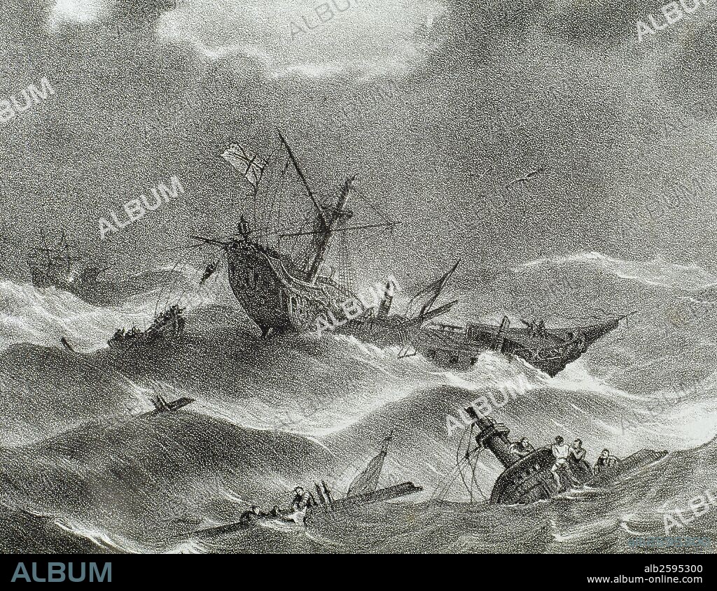 HISTORIA DE ESPAÑA. "GUERRA ANGLO-ESPAÑOLA" (1585-1604). REINADO DE FELIPE II (1556-1598). Grabado del siglo XIX con la representación de un episodio de la guerra. "DERROTA DE LOS INGLESES EN LAS ISLAS AZORES".