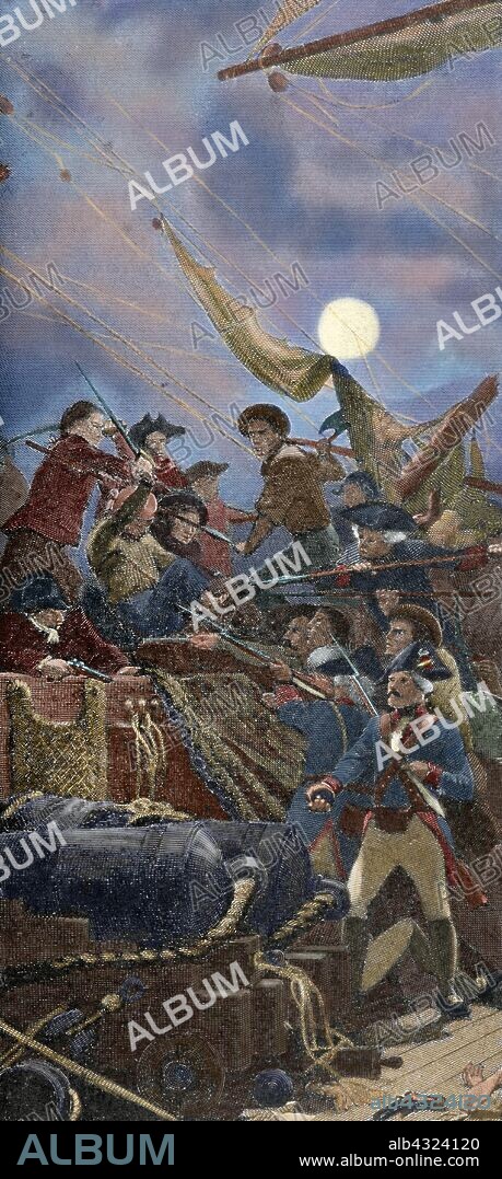Guerra de la Independencia Americana (1775-1783). John Paul Jones (1747-1792) capturando el barco británico Serapis el 23 de septiembre de 1779. American Revolution. Grabado. Siglo XIX. Coloreado.