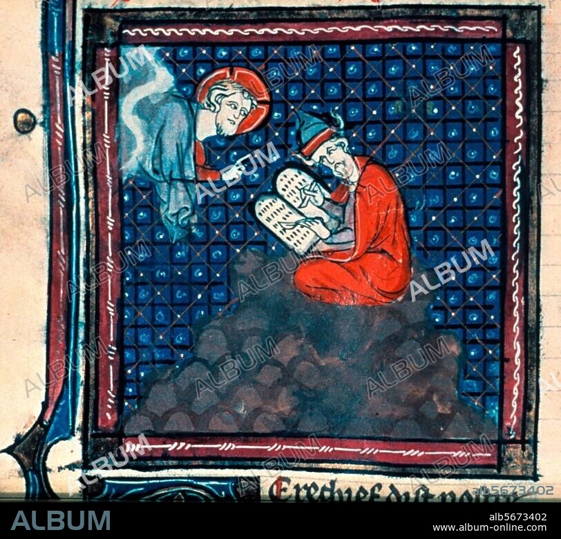 Buchmalerei, Frankreich, Anfang 14. Jahrhundert. Moses mit den neuen Gesetzestafeln. (2. Mose 34). Aus der "Bible historiale" von Guiart Desmoulins. Douce 211, fol. 77 v, Oxford, Bodleian Library.