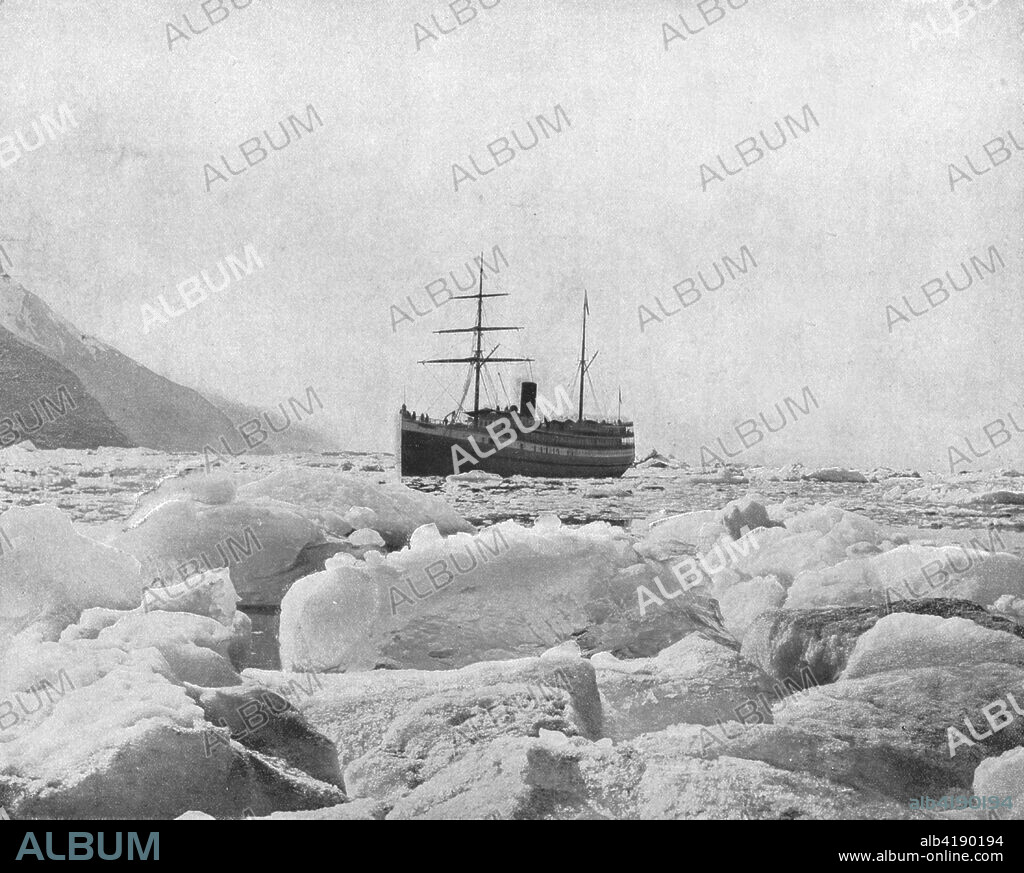 The steamer 'Queen', Glacier Bay, Alaska, USA, c1900. Steamship with pack ice in the foreground. From Scenic Marvels of the New World edited by Prof. Geo.R. Cromwell. [C.N.Greig & Co., c1900].