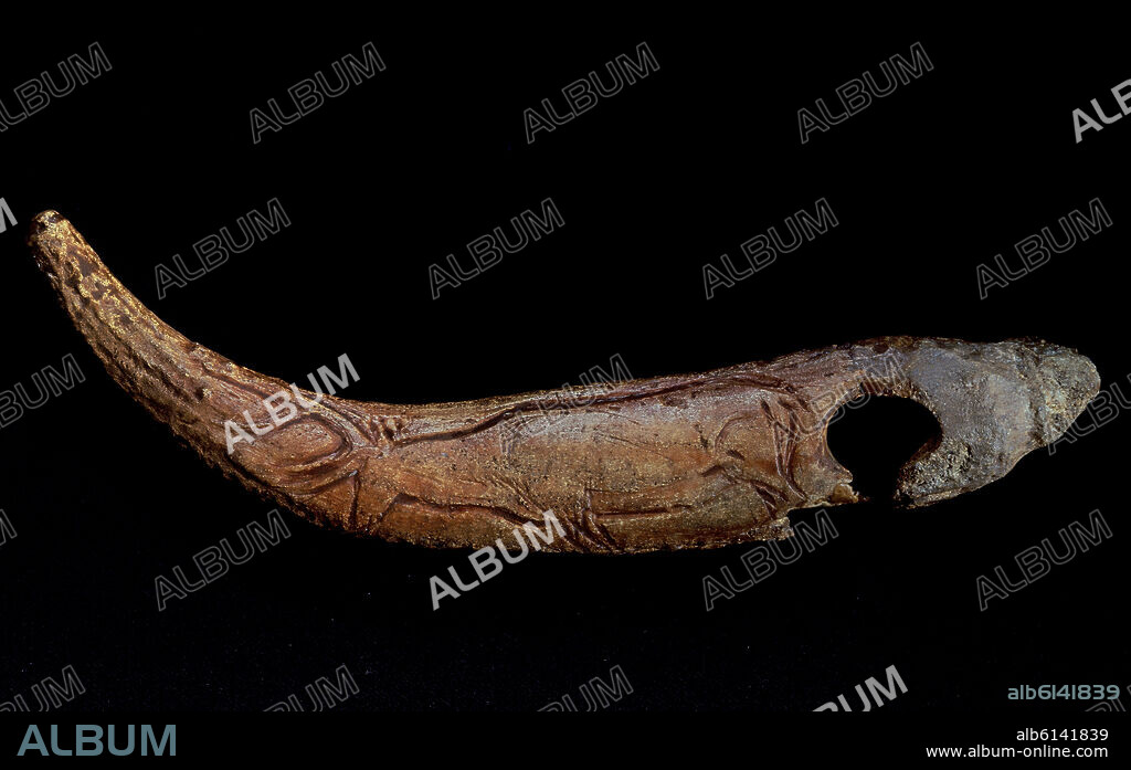 BASTON DE MANDO DECORADO CON EL GRABADO DE UN CIERVO PROCEDENTE DE LA CUEVA DEL CASTILLO - PALEOLITICO SUPERIOR (15000 Y 10000 AC).