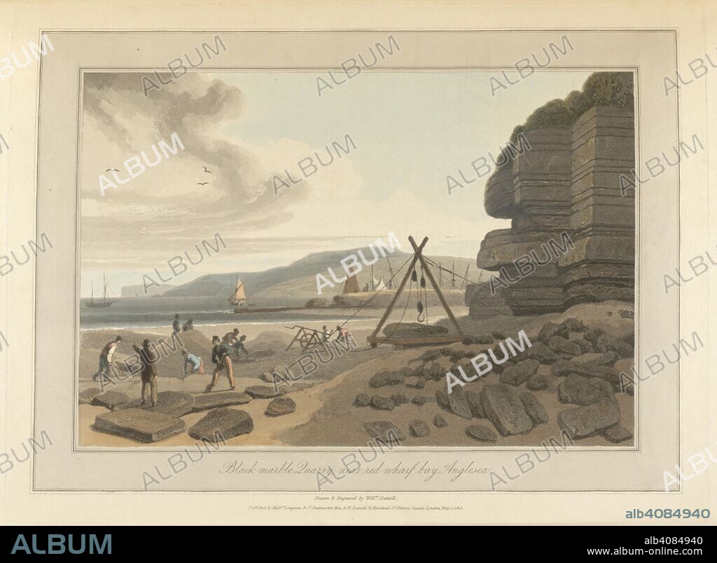 WILLIAM DANIELL and RICHARD AYTON. A working black marble quarry near Red Wharf Bay on the island of Anglesey or Anglesea. The coastline and landscape of Great Britain. Drawn and engraved by William Daniell. A Voyage Round Great Britain undertaken in the summer of the year 1813. London England. Source: G.7043 plate 27. Language: English.