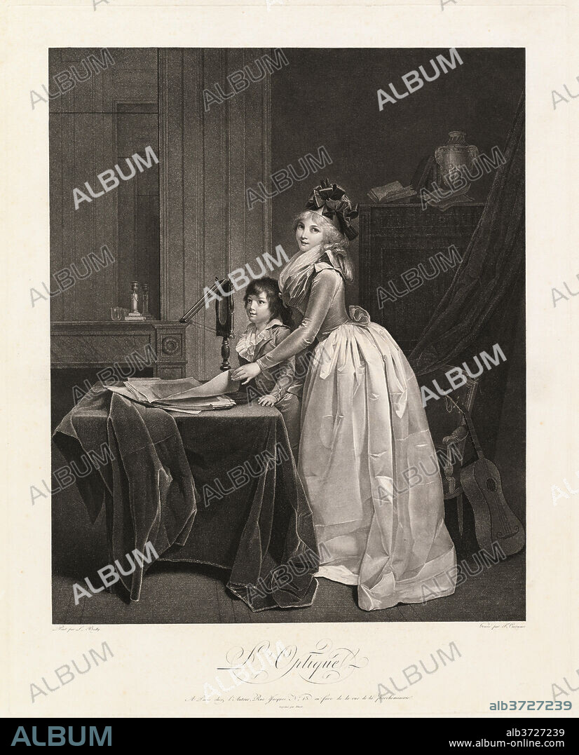 FRéDéRIC CAZENAVE, AFTER LOUIS-LéOPOLD BOILLY. L'Optique (The Optical Viewer). Dated: c. 1793. Dimensions: plate: 67.5 x 53.5 cm (26 9/16 x 21 1/16 in.)  sheet: 70.3 x 57.4 cm (27 11/16 x 22 5/8 in.). Medium: etching and wash manner, printed in black.