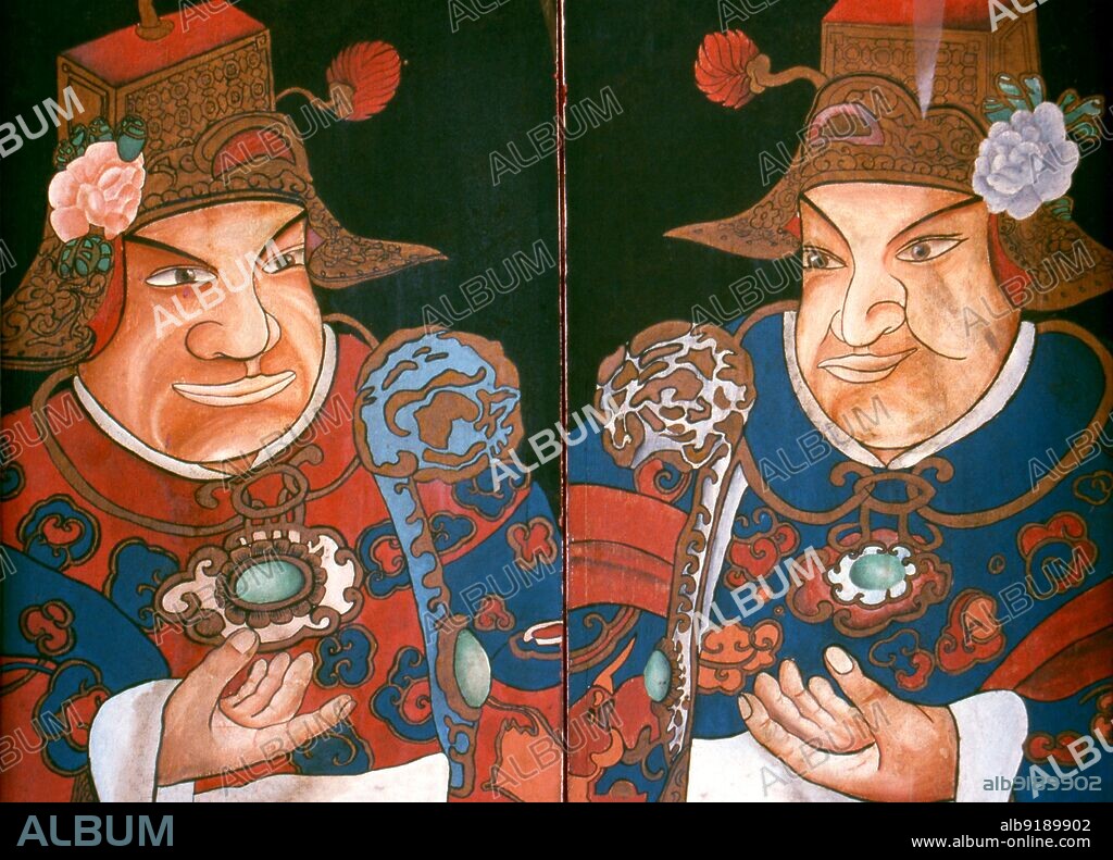 Singapore: A door painting depicting Chinese merchants at Thian Hock Keng Temple, Telok Ayer Street in Singapore's Chinatown area. The temple, also known as the Tianfu Temple, was established in 1839 and was built for the worship of the Chinese sea goddess, Mazu. It is the oldest Hokkien temple in the country.