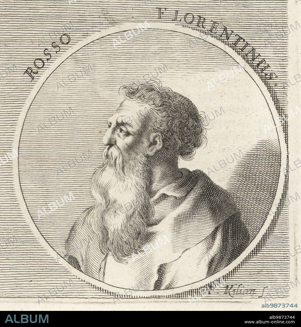 Rosso Fiorentino, Il Rosso, born Giovanni Battista di Jacopo, Italian Mannerist painter who worked in oil and fresco, Florentine school, 1494-1540. Rosso Florentinus. Copperplate engraving by Philipp Kilian after an illustration by Joachim von Sandrart from his LAcademia Todesca, della Architectura, Scultura & Pittura, oder Teutsche Academie, der Edlen Bau- Bild- und Mahlerey-Kunste, German Academy of Architecture, Sculpture and Painting, Jacob von Sandrart, Nuremberg, 1675.