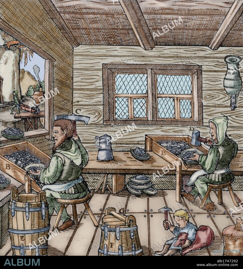 AGRICOLA, Georg Bauer, llamado (Glanchau, 1494-Chemnitz,1555). Científico alemán. Ejerció la medicina en S. Joachimsthal, importante centro minero, lo que le proporcionó un gran conocimiento de la minería y de la metalurgia. Grabado coloreado perteneciente a su obra "DE RE METALLICA LIBRI XII", texto básico para la minería y la metalurgia. Basilea 1564.