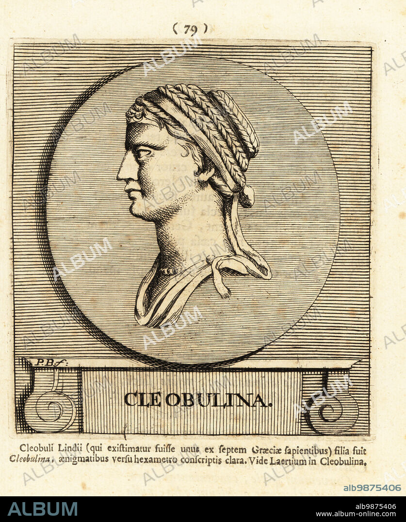 Cleobulina, ancient Greek poetess, fl. 6th century BC. Came from Lindos on Rhodes, daughter of Cleobulus. Known for writing riddles. Copperplate engraving by Pieter Bodart (1676-1712) from Henricus Spoors Deorum et Heroum, Virorum et Mulierum Illustrium Imagines Antiquae Illustatae, Gods and Heroes, Men and Women, Illustrated with Antique Images, Petrum, Amsterdam, 1715. First published as Favissæ utriusque antiquitatis tam Romanæ quam Græcæ in 1707. Henricus Spoor was a Dutch physician, classical scholar, poet and writer, fl. 1694-1716.