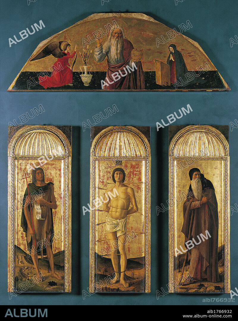 Triptych of St Sebastian, by co-workers and Gentile Bellini, Jacopo Bellini, Giovanni Bellini, 1460-1464, 15th Century, panel gold ground,. Italy, Veneto, Venice, Accademia Art Galleries. All. Triptych lunette God the Eternal Father blessing globe Annunciation angel Archangel Gabriel announcing the Glad News Tidings Madonna Virgin Mary receiving the Glad News Tidings panels saints St Sebastian arrows St John the Baptist processional cross. Authorization required for non editorial use.