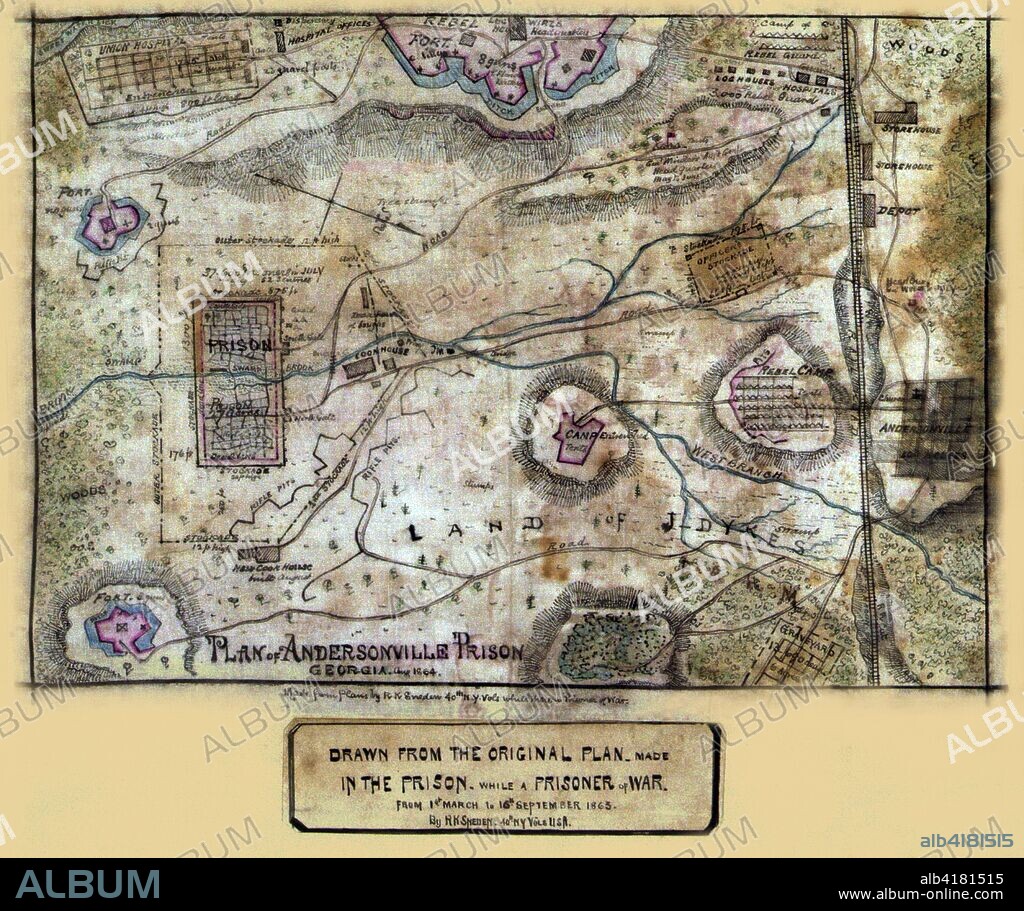 Plan of Andersonville Prison, Georgia. Aug. 1864..  Map shows a detailed plan of the Andersonville prison complex including locations of external defenses, guards' and officers' quarters, hospital, storehouses, cook house, and graveyard, and the use of the terrain (swamps, creeks) as boundaries. - Robert Knox Sneden.