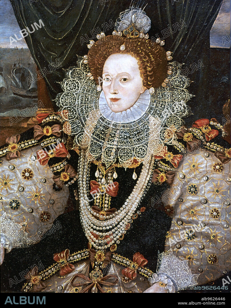 Elizabeth I, Queen of England and Ireland, c1588. Version of the Armada portrait attributed to George Gower. The last Tudor monarch, Elizabeth I (1533-1603) ruled from 1558 until 1603. From the National Portrait Gallery.