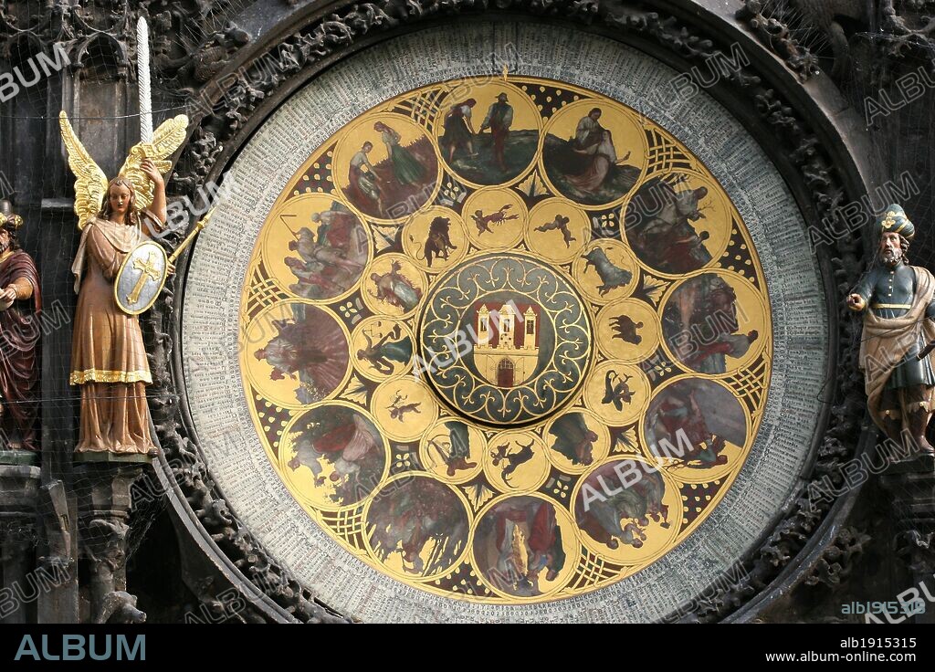 The Prague Astronomical Clock. The calendar, added to the clock in 1870. The twelve medallions represent the twelve months of the year made by Czech painter Josef Manes (1820-1871). Czech Republic.