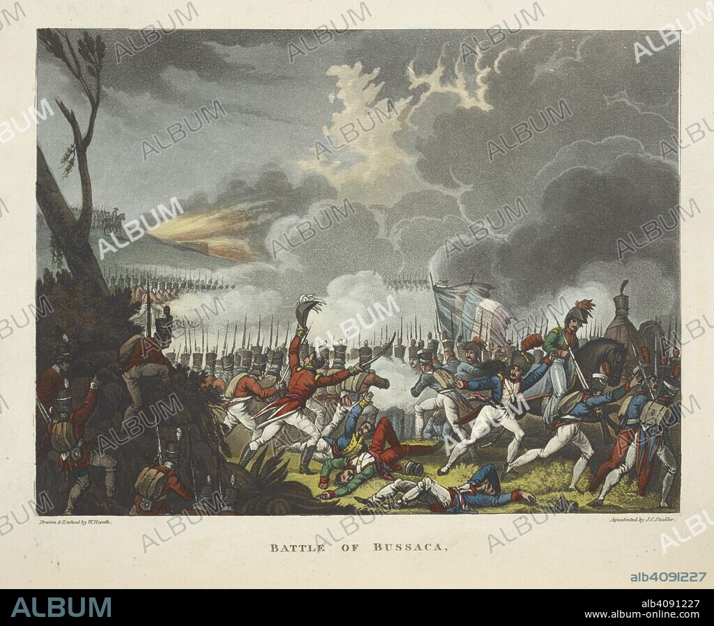 JOSEPH C STADLER and HEATH W. Battle of Bussaca (Busaco). The Battle of BuÃ§aco or Bussaco (27 September 1810) resulted in the defeat of French forces by Lord Wellington's Anglo-Portuguese Army, in Portugal during the Peninsular War. The Wars of Wellington, a narrative poem. ... With ... engravings coloured ... By Dr. S. London, 1819. Source: 838.m.7 plate 9 page 89.