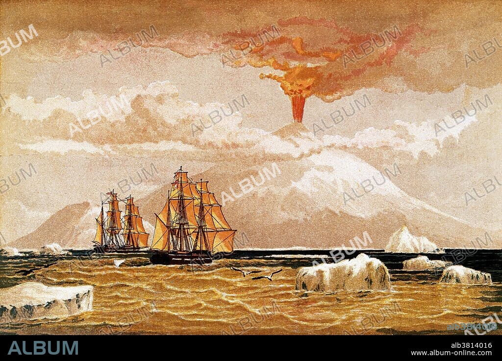 Mount Erebus, Antarctica: the volcano in eruption. Chromolithograph from 1868. Mount Erebus was discovered on January 27, 1841 (and observed to be in eruption) by polar explorer Sir James Clark Ross who named it and its companion, Mount Terror, after his ships, Erebus and Terror. Present with Ross on the Erebus was the young Joseph Hooker, future president of the Royal Society. Mount Erebus is the southernmost active volcano on earth and the most active volcano in Antarctica, with a summit elevation of 3,794 metres (12,448 ft). It is located on Ross Island.