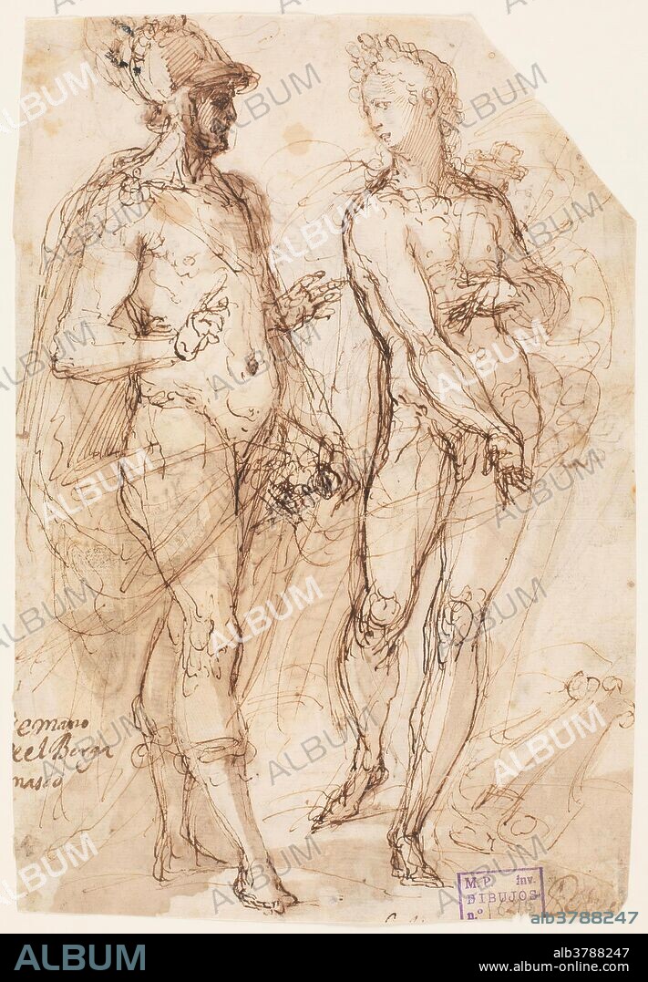 GIOVANNI BATTISTA CASTELLO. Il Bergamasco / 'Mars and Apollo / Mars and Apollo, alternative design'. 1566 - 1569. Wash, Pencil, Grey-brown ink on paper.