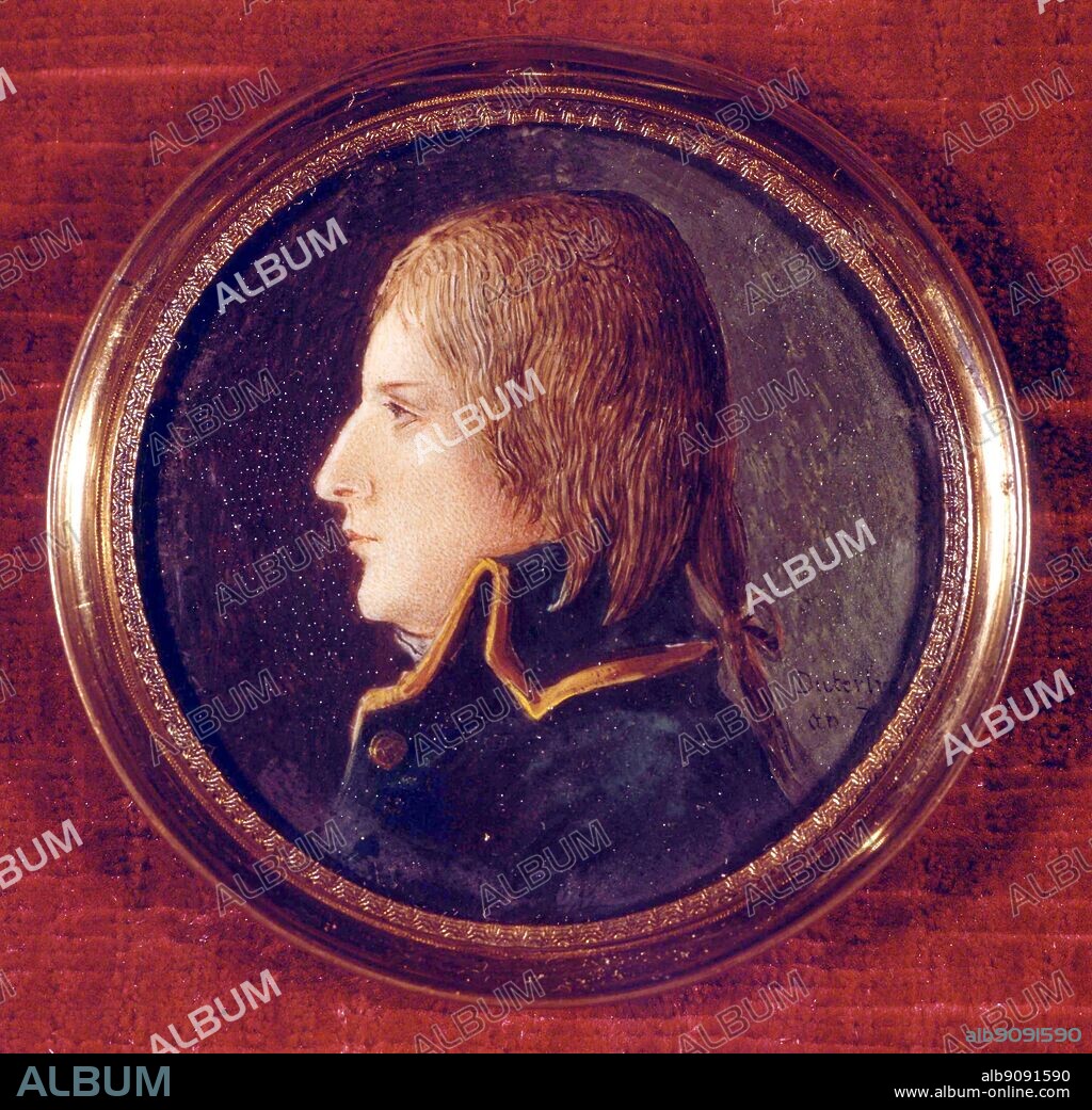 " ... the quality of command in his attitude, his gaze, his manner of talking': Napoleon Bonaparte at the age of twenty-eight, painted in 1798 on board L'Orient, flagship of the expedition to Egypt. MIniature by Andre Dutertre. Musee Frederic Masson. Paris. Photo: Maison Dubout.