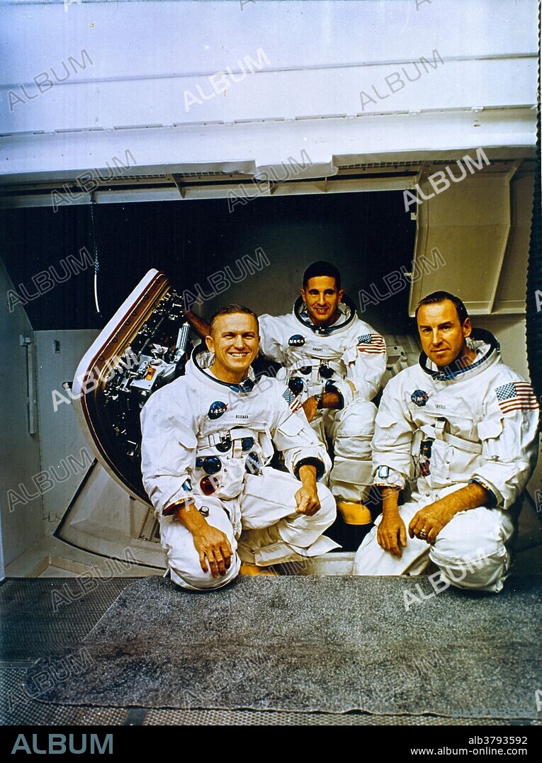 The Apollo 8 Crew (L to R) Frank Borman, commander; William Anders, Lunar Module (LM) Pilot; and James Lovell, Command Module (CM) pilot pose in front of the Apollo mission simulator during training. The three served as the crew for the first manned Apollo mission launched aboard the Saturn V and first manned Apollo craft to enter lunar orbit. Liftoff occurred on December 21, 1968 with a safe return to Earth on December 27, 1968. The mission achieved operational experience and tested the Apollo command module systems, including communications, tracking, and life-support, in cis-lunar space and lunar orbit, and allowed evaluation of crew performance on a lunar orbiting mission. The crew photographed the lunar surface, both far side and near side, obtaining information on topography and landmarks as well as other scientific information necessary for future Apollo landings. All systems operated within allowable parameters and all objectives of the mission were achieved. 11.21.1968.