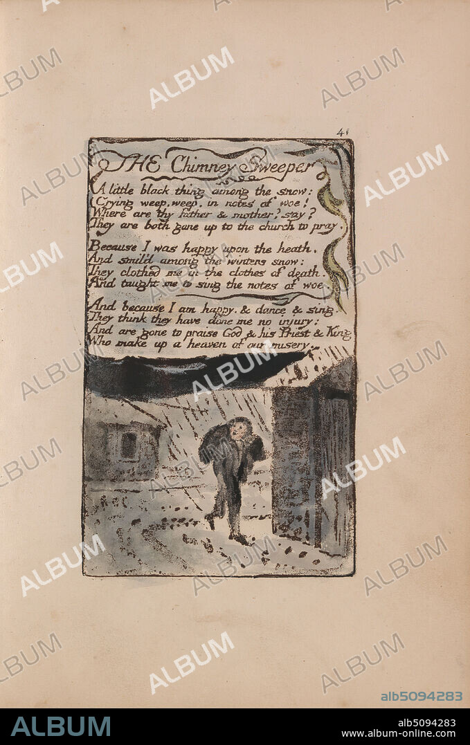 Songs of Innocence and of Experience, Plate 41, 'The Chimney Sweeper' (Bentley 37), Print made by William Blake, 17571827, British, 1789 to 1794, Relief etching printed in dark-brown with pen and black ink and watercolor on moderately thick, slightly textured, cream wove paper, Sheet: 7 1/8 x 5 inches (18.1 x 12.7 cm), Plate: 4 3/8 x 2 3/4 inches (11.1 x 7 cm), and Spine: 7 3/8 inches (18.7 cm), bag, boy, children, houses, literary theme, rain, street, text, vines.