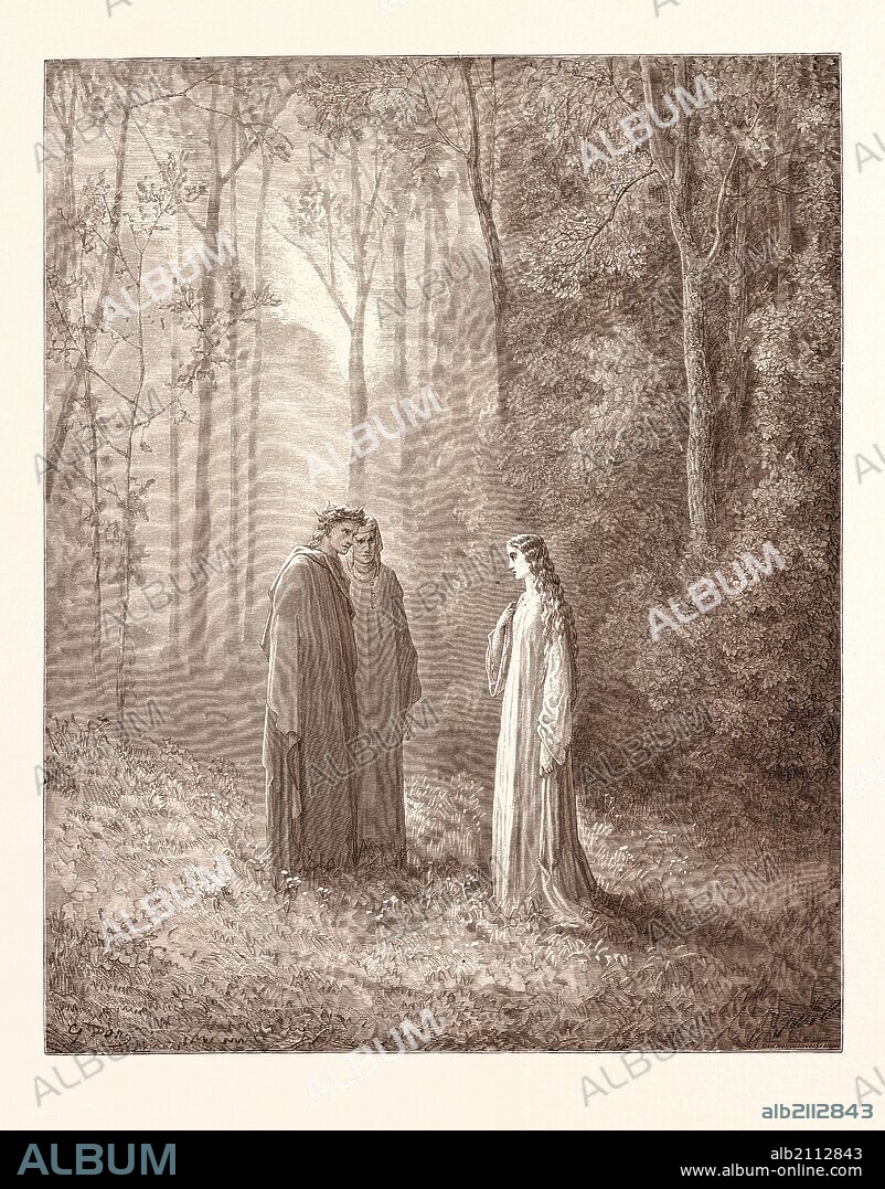 PIA IN PURGATORY, BY GUSTAVE DORÉ. Dore, 1832 - 1883, French. Engraving for the Purgatorio by Dante. 1870, Art, Artist, romanticism, colour, color engraving.