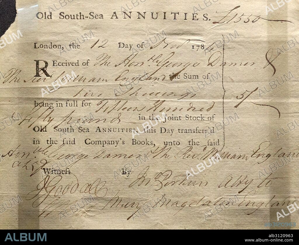 South Sea annuities share certificate London, 1784. The South Sea Company purchased British government debt in return for trading rights with Spain's South American colonies. Speculation in company shares led to ruin for many shareholders when the Company collapsed in 1720. The Company was restructured following the crisis and was still issuing shares into the 1800s.
