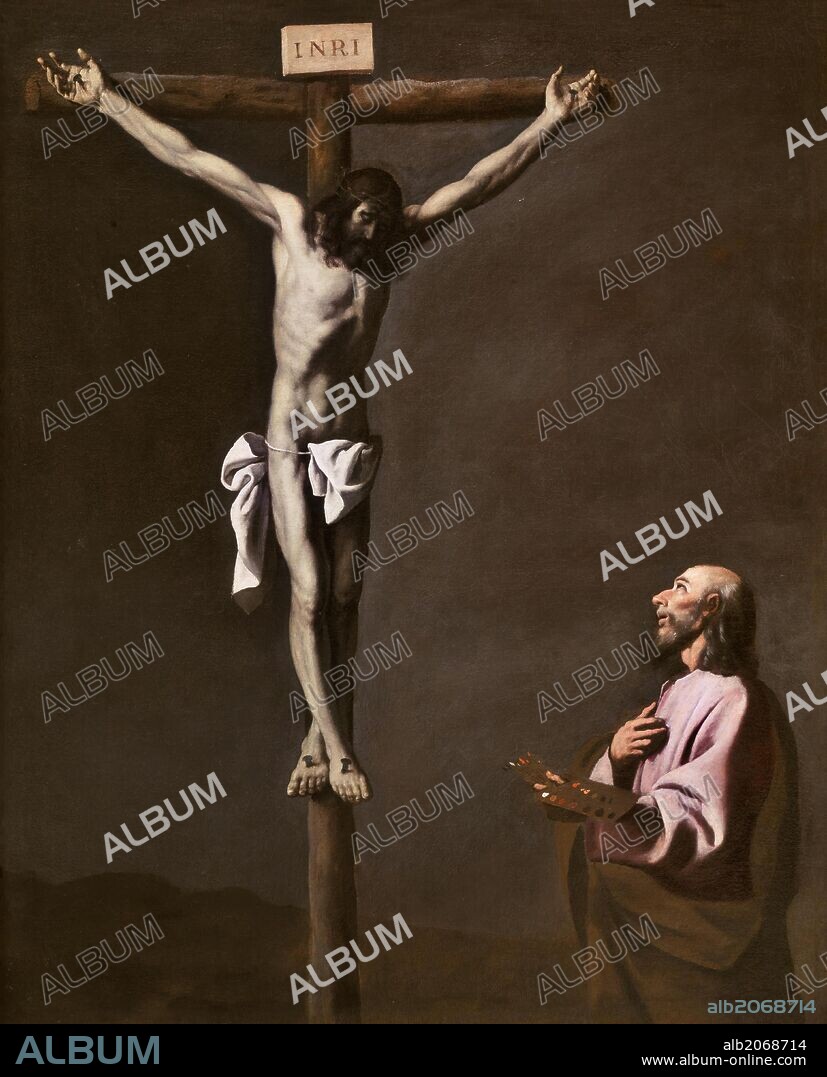 FRANCISCO DE ZURBARAN. Francisco de Zurbarán / 'San Lucas como pintor, ante Cristo en la Cruz', 1650, Escuela Española, Óleo sobre Lienzo, 105 cm x 84 cm, P02594.