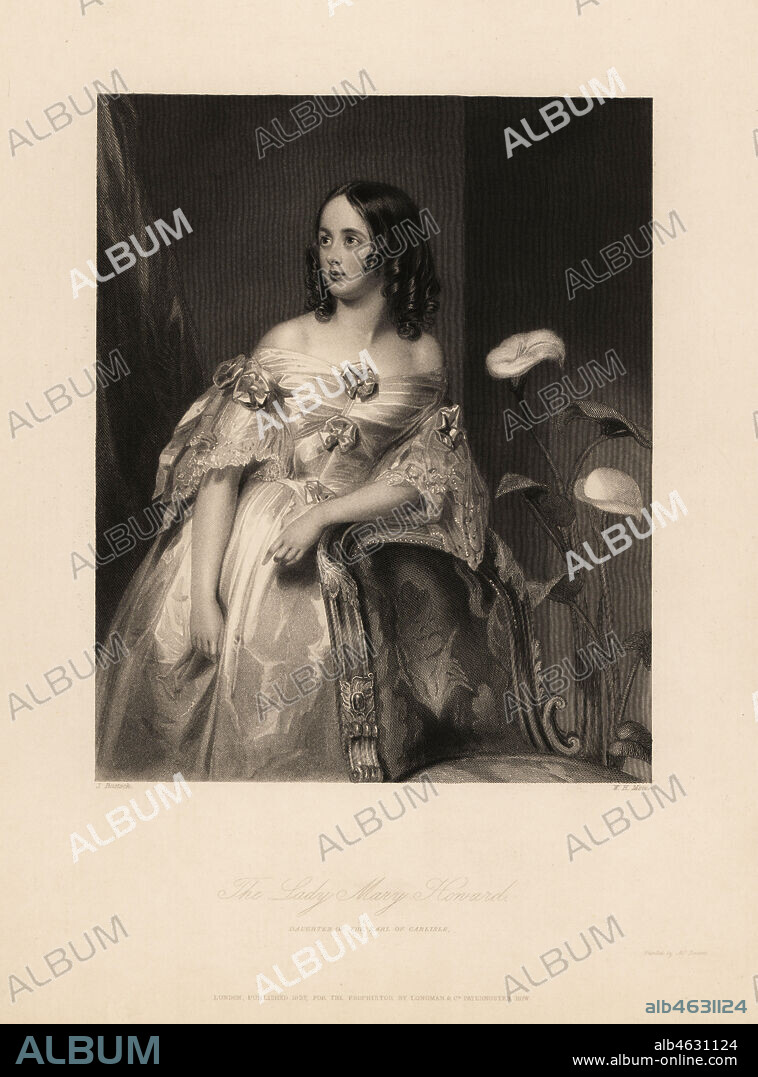 Portrait of Mary, daughter of George Howard, 6th Earl of Carlisle, later Mary Matilda Georgiana Labouchere, Lady Taunton. In ringlets, with satin dress decorated with ribbons and lace. Steel engraving by William Henry Mote after an illustration by John Bostock from Charles Heaths Portraits of the Children of the Nobility, Longmont, London, 1838.