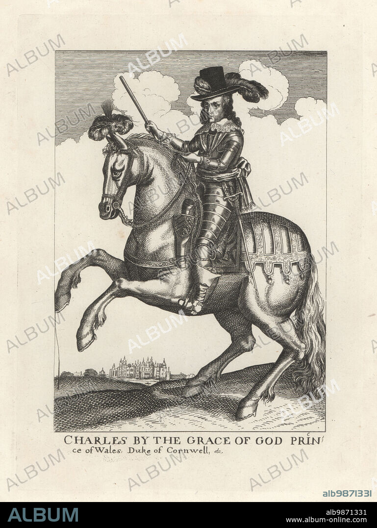 Prince Charles, by the grace of God, Prince of Wales, Duke of Cornwall, later King Charles II of England, 1630-1685. On horseback in suit of armour, plumed hat, boots, sash, with sword and baton. From the unique equestrian plate in Earl Spencer's copy of Clarendon's History of the Rebellion, 1704. Copperplate engraving from Samuel Woodburns Gallery of Rare Portraits Consisting of Original Plates, George Jones, 102 St Martins Lane, London, 1816.