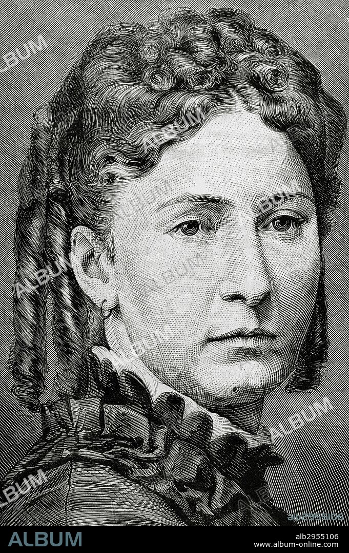 María Victoria dal Pozzo (1847-1876). Reina consorte de España y duquesa consorte de Aosta, por su matrimonio con Amadeu de Saboya. Retrato. Grabado por Paris. La Ilustración Espanola y Americana, 1876.