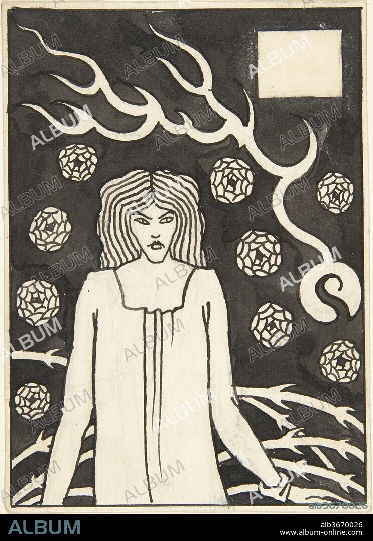Young Woman Surrounded by Briars, Lightning and Roses (Chapter Heading for Thomas Malory, "Le Morte d'Arthur," J. M. Dent 1893-94, Part III, book vi, chapter xvii, p. 215 and Part VII, book x, chapter xxii, p. 500). Artist: Aubrey Vincent Beardsley (British, Brighton, Sussex 1872-1898 Menton). Dimensions: Sheet: 4 1/2 x 3 1/4 in. (11.5 x 8.3 cm). Date: by May 30, 1893.
Beardsley created this stylized image of a woman with long, loose hair, dressed in a shift and standing before a background of stylized roses and thorny branches for J. M. Dent's 1893-94 edition of "Le Morte Darthur." It first appears at the head of chapter titled "How Sir Launcelot Overtook a Knight Which Chased His Wife to Have Slain Her, and How He Said to Him," and is used again to adorn a chapter titled: "How King Arthur Made King Mark to be Accorded with Sir Tristram, and How They Departed to Cornwall.".