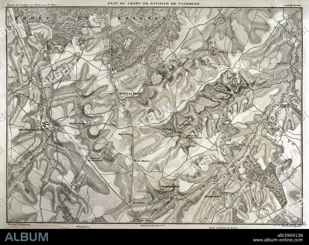 Napoleonic map. Battlefield of Waterloo (current territory of Belgium) where the battle took place on June 18, 1815. Confrontation between French troops (led by Napoleon I) and British, Dutch and German troops (led by the Duke of Wellington) and the Prussian army (directed by Gebhard von Blucher). Victory of the Seventh Coalition. Atlas de l'Histoire du Consulat et de l'Empire. History of the Consulate and the Empire of France under Napoleon by Marie Joseph Louis Adolphe Thiers (1797-1877). Drawings by Dufour, engravings by Dyonnet. Edited in Paris, 1864.