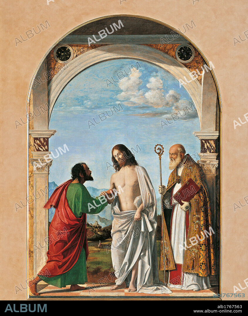 Incredulity of St Thomas with Bishop Magno, by Giovanni Battista Cima da Conegliano known as Cima da Conegliano, 1505 about, 16th Century, rounded panel, cm 251 x 141. Italy, Veneto, Venice, Accademia Art Galleries, from the School of Mureri in San Samuele. All. Christ St Thomas St Magnus of Oderzo arch inlays marble sky clouds rural landscape pastoral crosier cope book tunic sheet mantle cloak green red white light blue azure gold red. Authorization required for non editorial use.