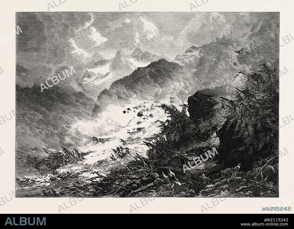 AVALANCHE, MADERANER THAL, MADERANER VALLEY, SWITZERLAND, 19th century engraving.