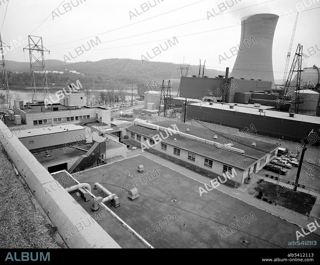 View of the Shippingport Atomic Power Station, looking west, c. 1977. Shippingport was the first full-scale nuclear electric power plant in the world. It operated between 1957 and 1982. The site is located on the Ohio River, 25 miles Northwest of Pittsburgh, Shippingport, Beaver County, PA.
