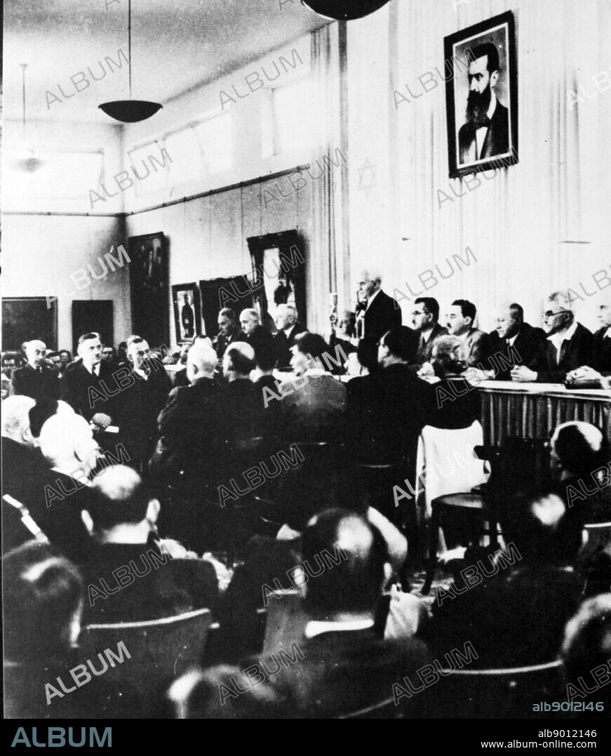 The Israeli Declaration of Independence, proclaimed on 14 May 1948 by David Ben-Gurion, the Executive Head of the World Zionist Organization. It declared the establishment of a Jewish state in Eretz-Israel, to be known as the State of Israel, which would come into effect on termination of the British Mandate at midnight that day.