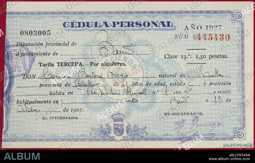 Cédula Personal expedida por el ayuntamiento de Barcelona en 1927.