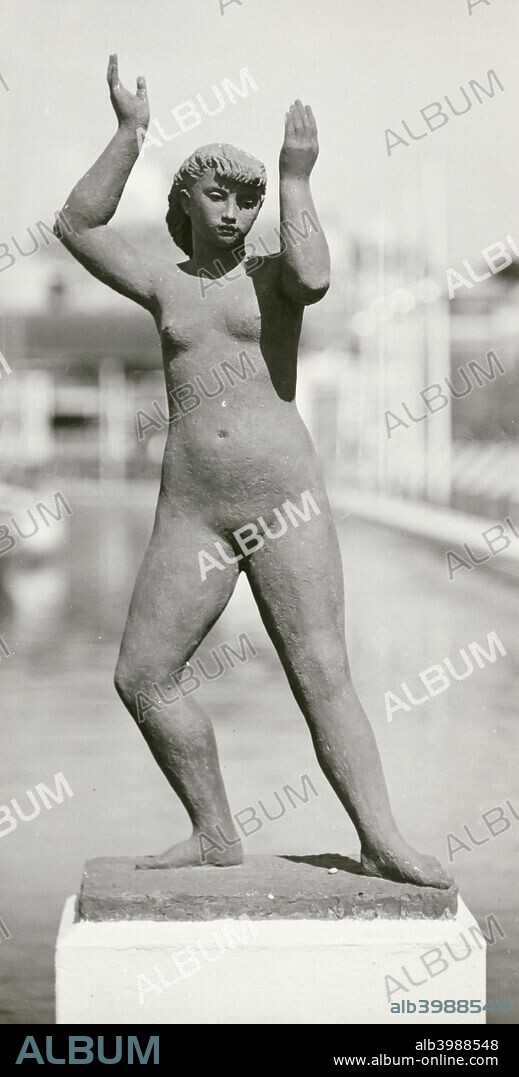 Sculpture by Karin Jonzen of a female nude, Festival of Britain, South Bank, London, 1951. Located at the end of the Waterways section of the exhibition site.
