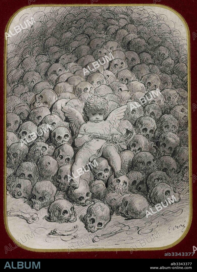 PAUL GUSTAVE DORÉ. Cupid with a Pistol on Top of a Mountain of Skull.